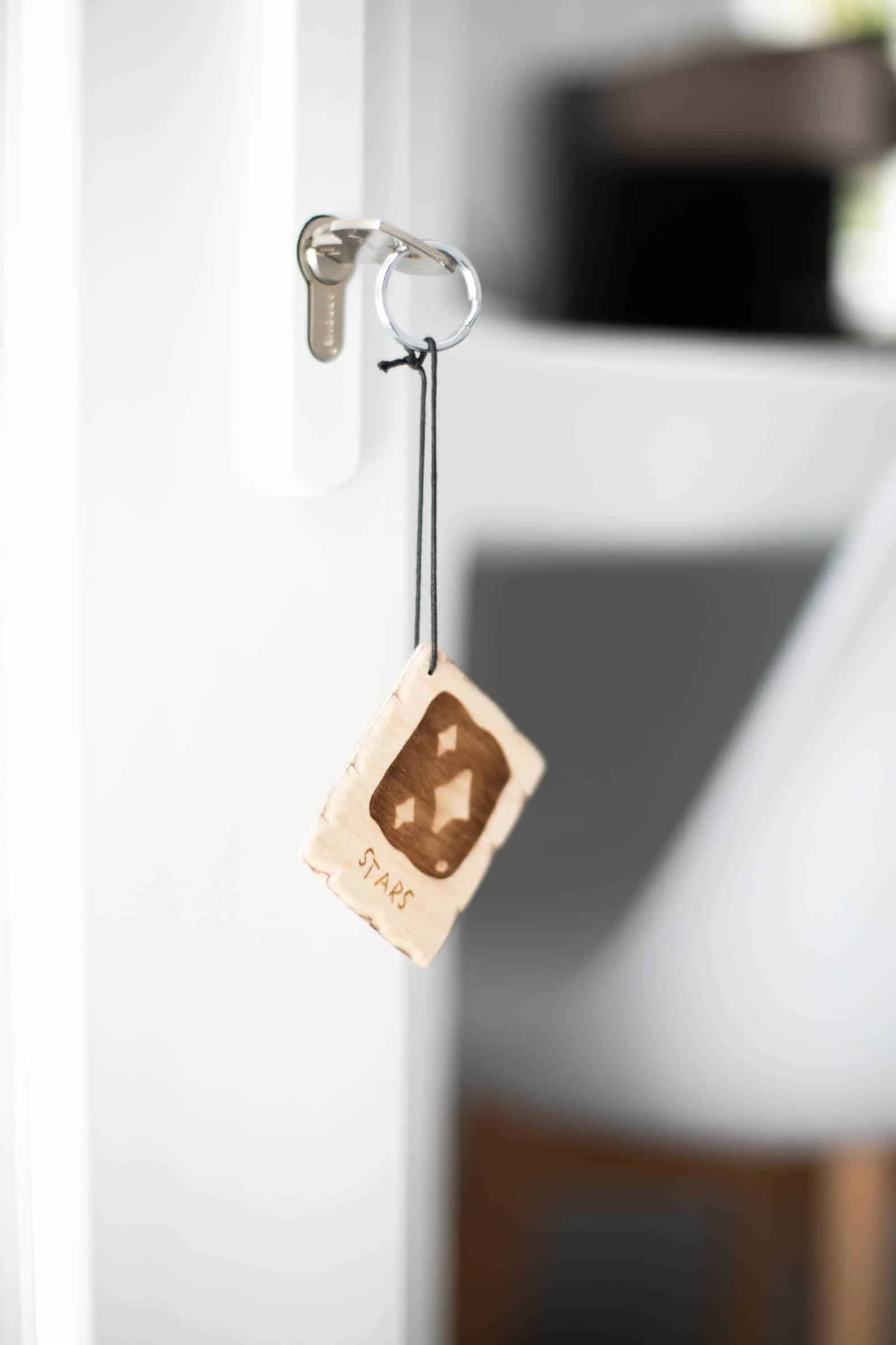 Wooden key tag at the entrance